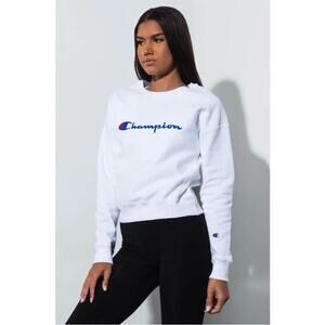 Champion Reverse Weave White Spellout Script Logo Sweatshirt Long Shirt MEDIUM